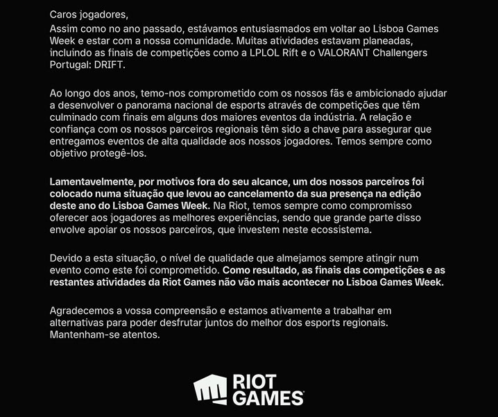 Comunicado Riot Games